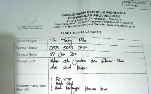 Yayasan Riau Hijau Watch Laporkan Gubri ke Ombudsman 