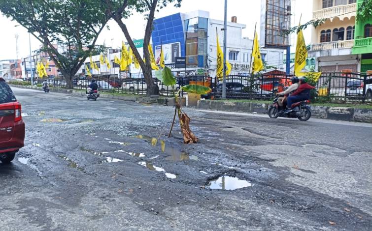 Warga Kesal Jalan Tak Diperbaiki, Jalan Sudirman Pekanbaru di Tanami Pisang