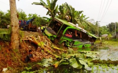 Bus Mudik Tujuan Wonosobo Terjun ke Sawah