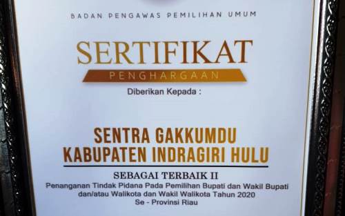 Sukses Tangani Pelanggaran, Gakkumdu Inhu Raih Penghargaan